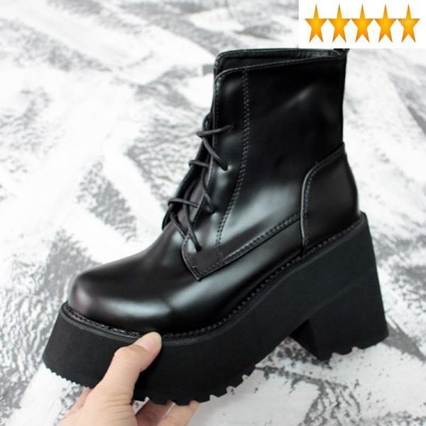 

boots harajuku winter platform punk women england style chunky thick biker shoes lace up high heel ankle boots1, Black