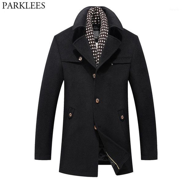 

men's notched lapel winter trench coats 2018 brand new long wool trench coat men slim fit single breasted pea coat manteau homme1, Black