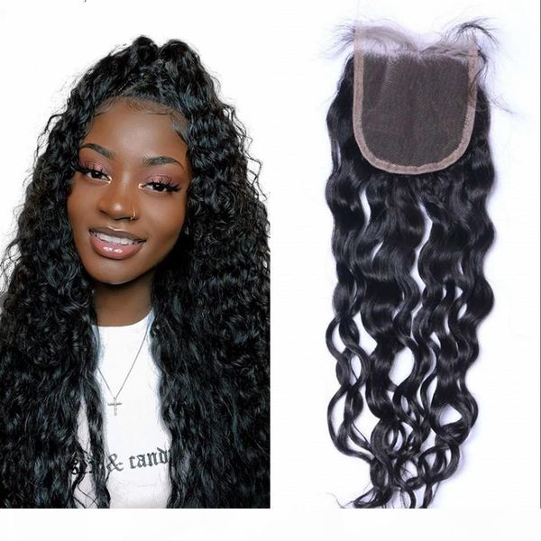 

mongolian virgin human hair 4*4 water wave lace closure part swiss lace closures wet and wavy, Black;brown