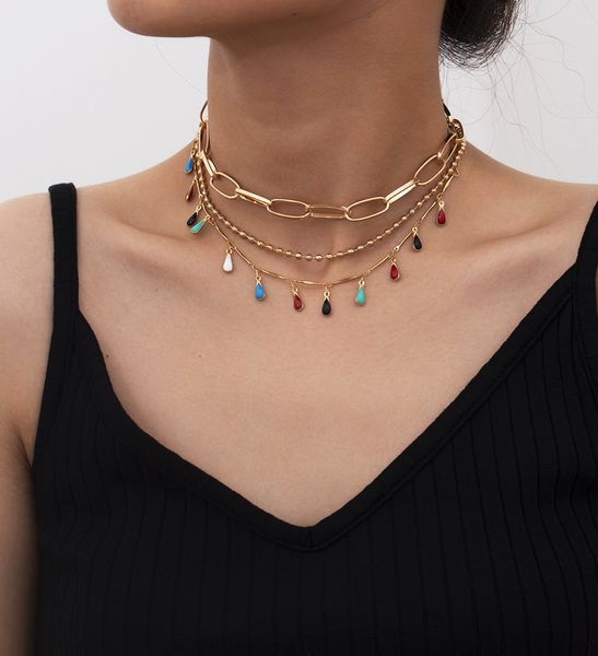 

women chokers multilayer beads chain necklace for women girls korean sweet multicolor water drop pendant necklace couple gift jewelry, Golden;silver