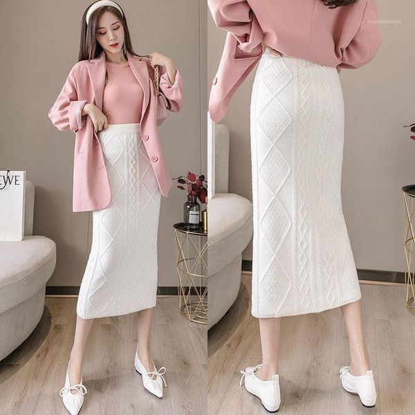 

skirts 2021 autumn winter women casual cotton knitted pencil office ladies thick elastic high waist sweater hip o771, Black