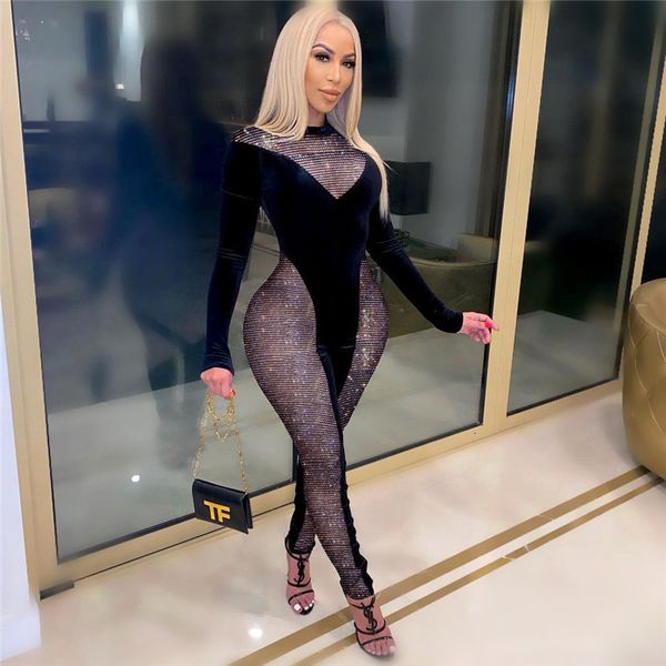 

women o-neck high waist jumpsuit summer autumn casual tight contrast color romper see through long sleeve long pants clothing cvva, Black;white