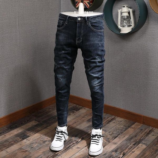 

korean style fashion men jeans retro black blue elastic slim fit ripped denim pants homme vintage designer trousers