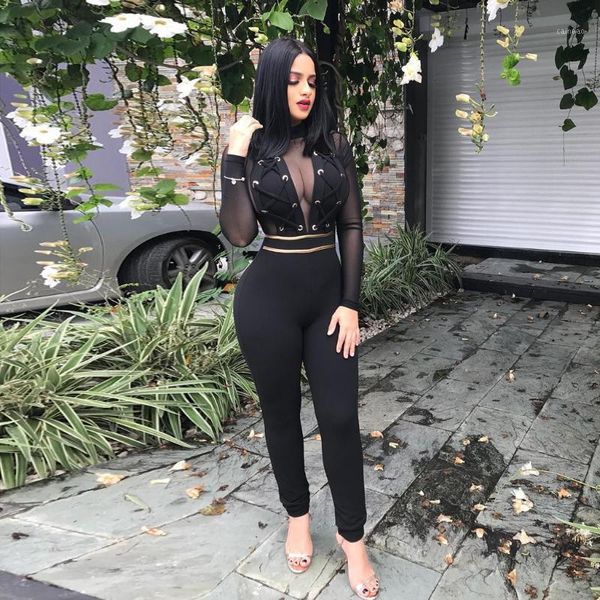 

fashion jumpsuit women summer 2020 mesh splicing rompers casual style bandage design cutout perspective thin waist @351, Black;white
