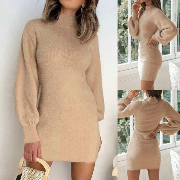 

casual solid color mid-high collar high waist long sleeve dress autumn lantern sleeve ladies mini dress club party short vestido1, Black;gray