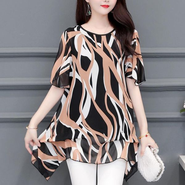 

women's blouses & shirts o neck blusas mujer de moda 2021 printed summer mother middle-aged blouse chiffon short-sleeved long women 88c, White