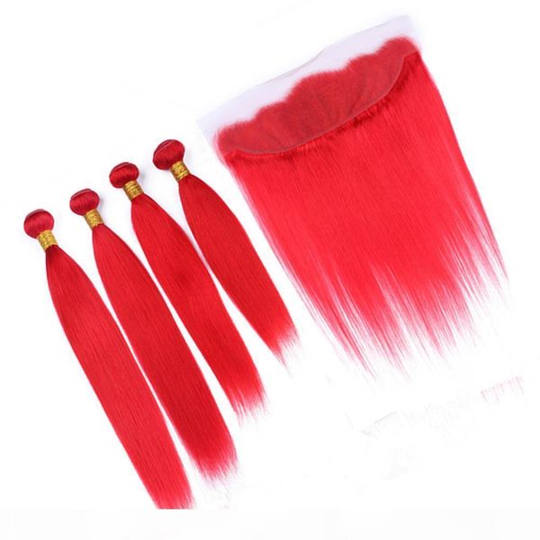 

red color human hair 4 bundles with lace frontal malaysian straight bright red weaves virgin hair extensions with frontal lace closure 13x4, Black;brown