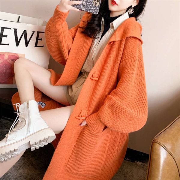 

long over the knee sweater coat women's loose korean horn button autumn winter 2021 new knitted cardigan style, White;black