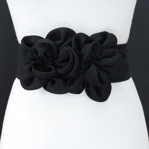 

fashion double chiffon flowers beads elastic band waist belt for women all-suits european floral dress belt women waistband belt y200501, Black;brown
