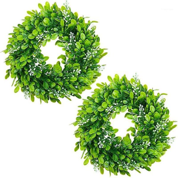 

2 pack artificial boxwood wreath faux artificial green leaves wreath front door hanging decoration, 10 inches1