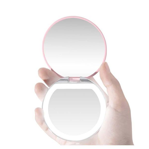 

led light mini makeup mirror compact pocket face lip cosmetic mirror travel portable lighting mirror 3x magnifying foldable