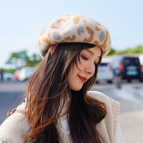 

berets autumn winter women's leopard wool fashion caps elegant ladies keep warm cap hat chapeau beret femme japanese style, Blue;gray