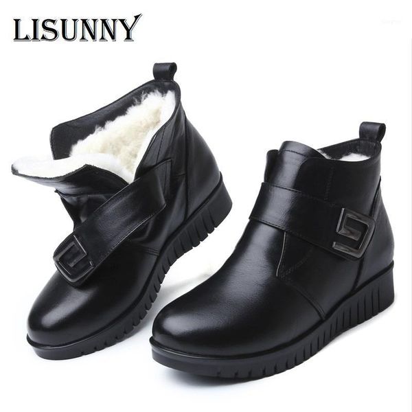 

boots lisunny 2021 winter female flat boot woman genuine leather natural wool warm snow comfortable soft bottom mother shoes1, Black