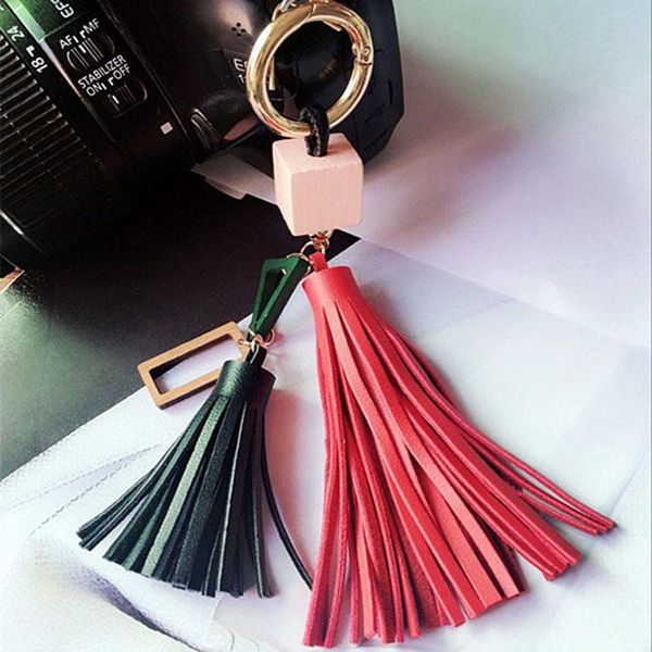 

fashion leather tassels key chain with two tassels with wooden accessory for car keychain bag key ring jewelry eh875 h sqctyj, Silver