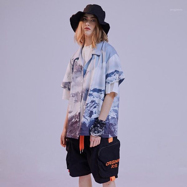 

japanese snow mountain digital print short sleeve shirt streetwear summer lapel loose shirt oversize hip hop men and women1, White;black