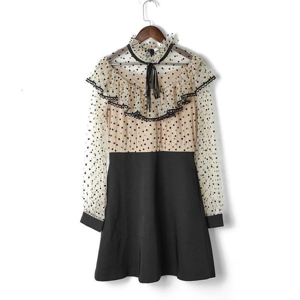 

women empire female vintage black bow collar polka dot mesh patchwork puff long sleeve empire a line mini dress spring d2247, Black;gray