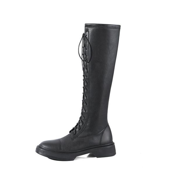 

2021 new genuine leather autumn winter knee high boots cross tied +side chunky heels women fashion party shoes woman 87ff, Black