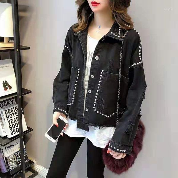 

fashion new irregular holes korean wild heavy industry rivet loose denim jacket1, Black;brown