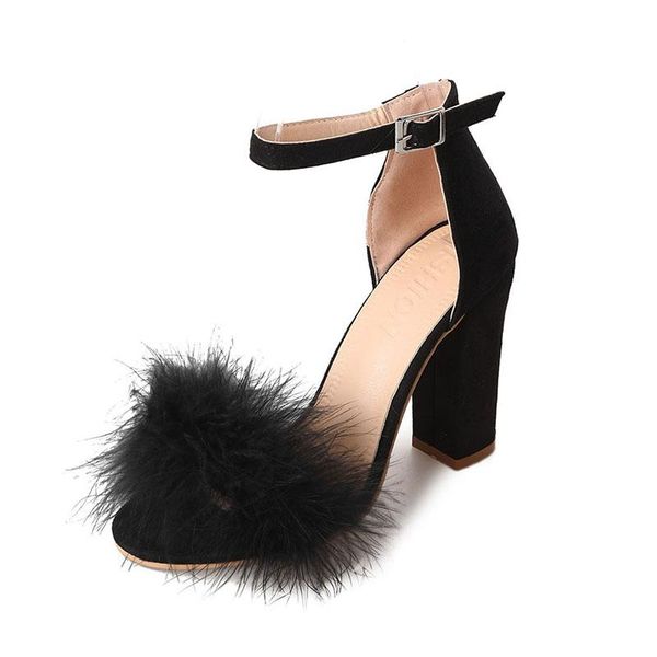 

large size women sandals female summer thick waterproof platform open toe ostrich fur single shoes high heel women's shoes, Black