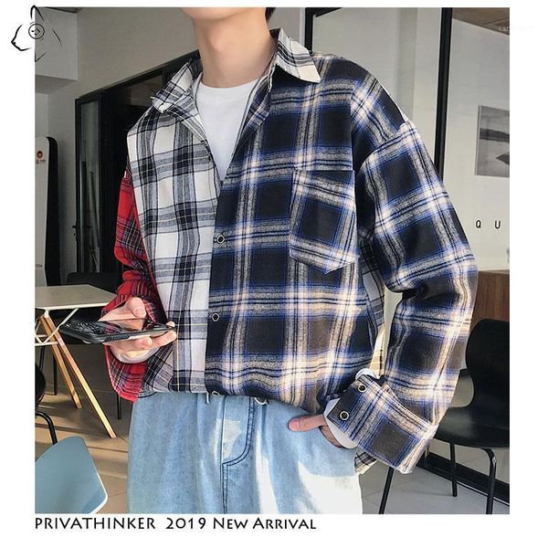 

men's casual shirts men three-color shirt 2021 mens japanese streetwear causal patchwork plaid plus size autumn1, White;black