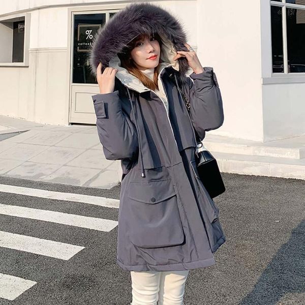 

eastokes new winter jackets women's long parkas female solid hooded with fur collar thick casual lady winter oversized coat, Black