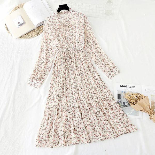 

2021 new new floral autumn plied chiffon impression casual female long sleeve elastic waistline stylish mid-calf dress, Black;gray