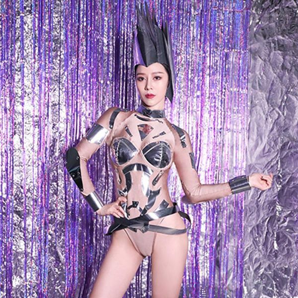 

bar ds stage costumes personality dj female singer nightclub gogo silver nude bodysuit pold dance clothing rave wear dn48461, Black;red