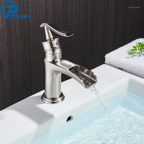 

poiqihy brushed nickel basin faucet deck mounted bathroom vessel sink tap waterfall cold mixer faucet chrome single handle1