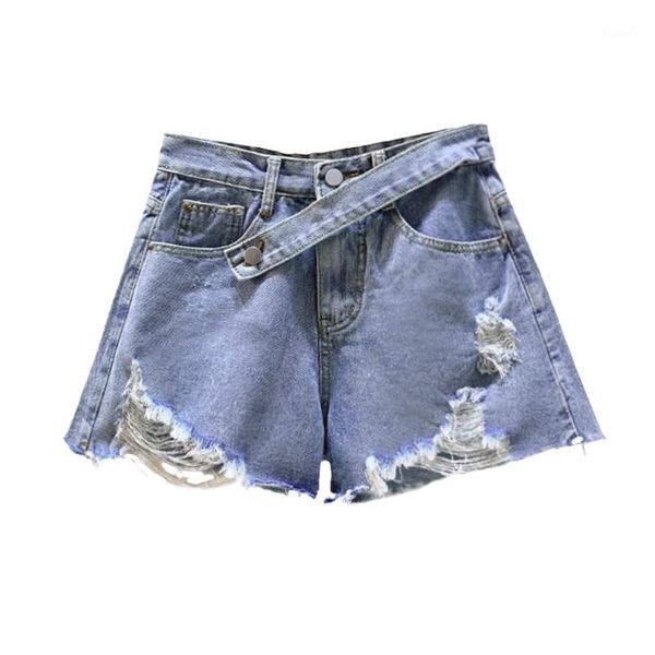 

2020 new summer shorts women vintage irregular shorts cotton loose high waist hole denim fashion wide legs your pants1, Blue