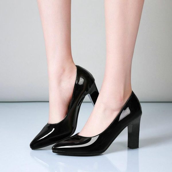 

pu leather women high heel shoes fashion pointed toe square heel ppumps shallow dress women lazy shoes black apricot white