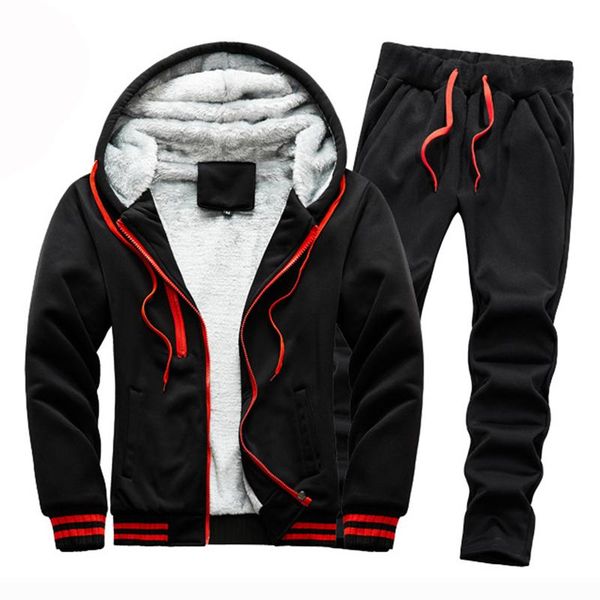 

warm winter mens sportwear casual two piece set hoodie velvet youth fashion black suits athletic joggers sets, Black;blue