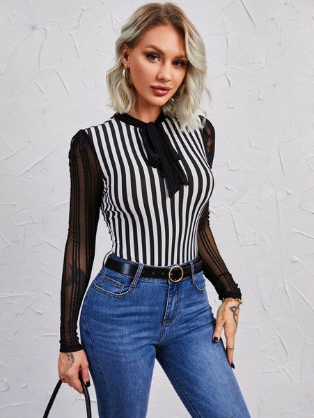 

vertical stripe contrast mesh tie neck w9nw#, White