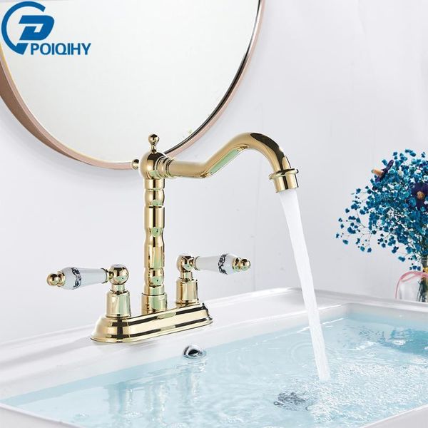 

poiqihy golden brass bathroom basin mixer tap deck mounted dual handle kitchen sink faucet rotating spout basin sink faucet1