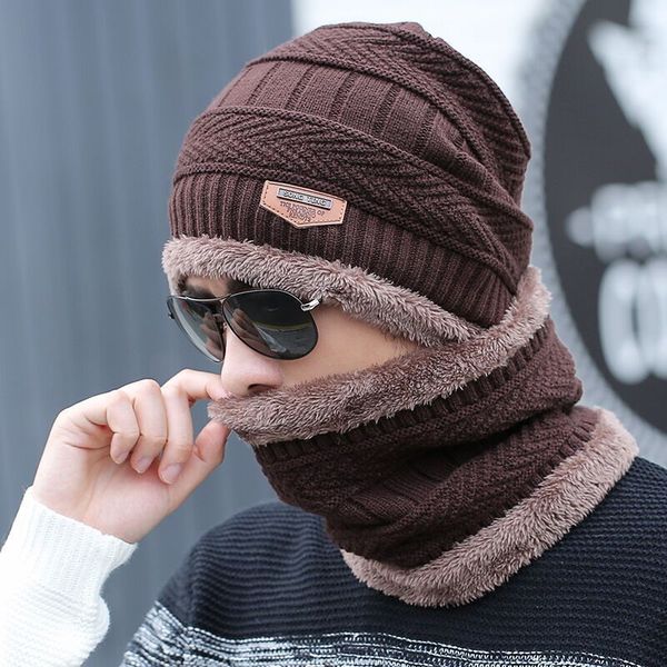 

amzon winter autumn man warm scarf hat set fur inside wool anti-cold outdoor beanie skull detachable pompom hats