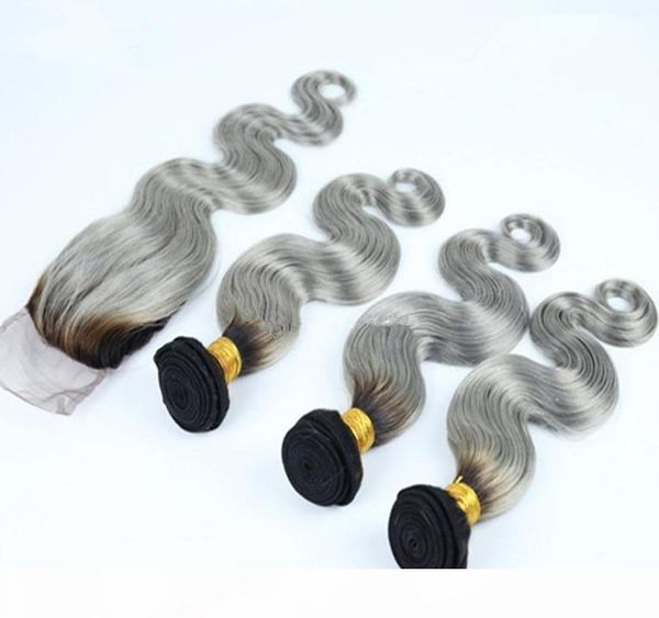 

silver grey 4x4 lace closure with weaves #1b grey malaysian ombre hair with closure body wave two tone 3bundles with closure 4pcs lot, Black