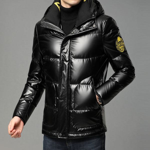 

2020 new youth hooded 90 velvet white duck down down jacket trendy men's short shiny down jacket quality assurance, Black