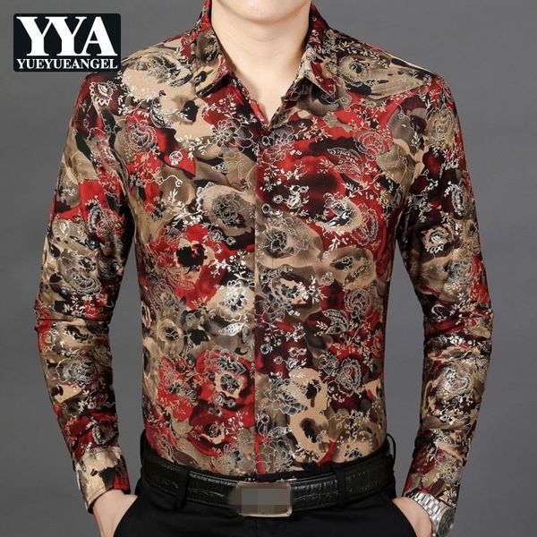 

autumn men long sleeve shirts fashion square collar flower print satin shirt single breasted business formal plus size, White;black
