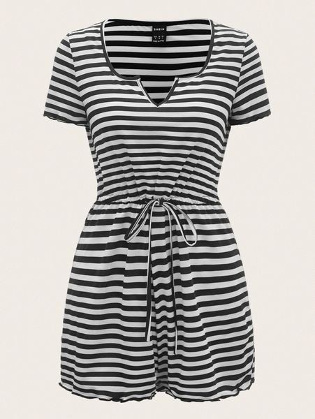 

striped print drawstring waist romper e3t9#, White