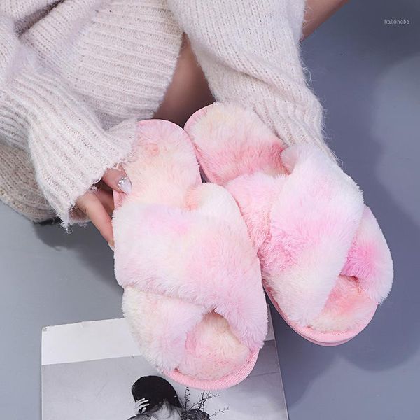 

2020 multi-color women fluffy slipper winter cross-tie plush slippers flat shoes faux fur slipper home ladies shoes1, Black