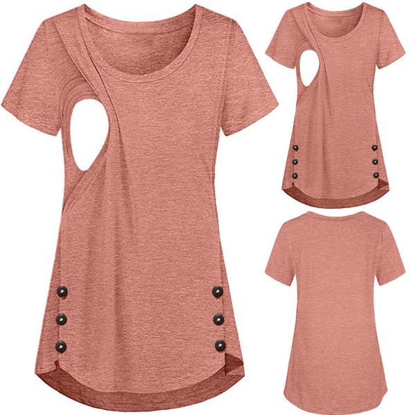 

maternity clothes ladies pregnant t shirts women nusring breastfeeding solid color button short sleeve t shirt for pregnant lj201120, White