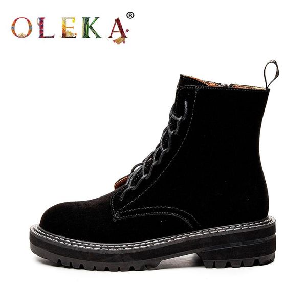 

oleak leather ankle winter platform riband round toe boots concise style motorcycle boots warm short plush new shoes 2020, Black