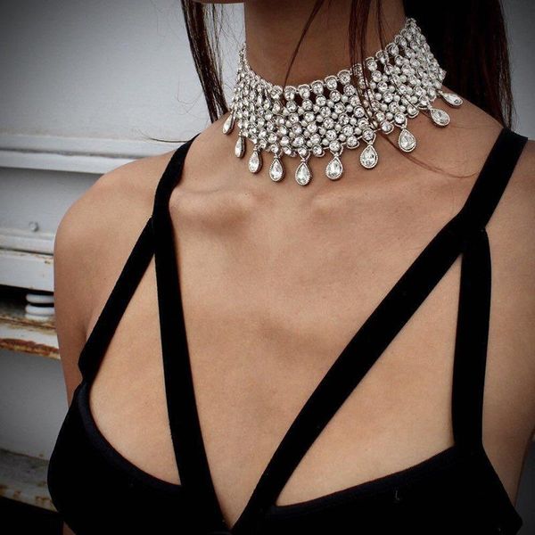 

luxury rhinestone water drop necklace exaggerated crystal rhinestones short necklace women collar jewelry tassel neckla, Golden;silver