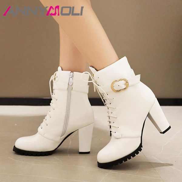 

annymol super high heel ankle boots woman boots zipper block heel short lace up buckle female shoes autumn winter beige 46, Black
