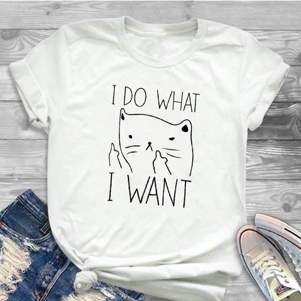 

women lady t shirt i do what i want cat printed tshirt ladies short sleeve tee shirt women female clothes graphic t-shirt, White