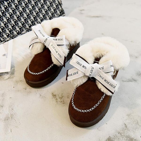 

fashion bow-knot ribbons ankle snow boots plus velvet winter furry warm flats women casual slip-on non-slip flock short shoes, Black