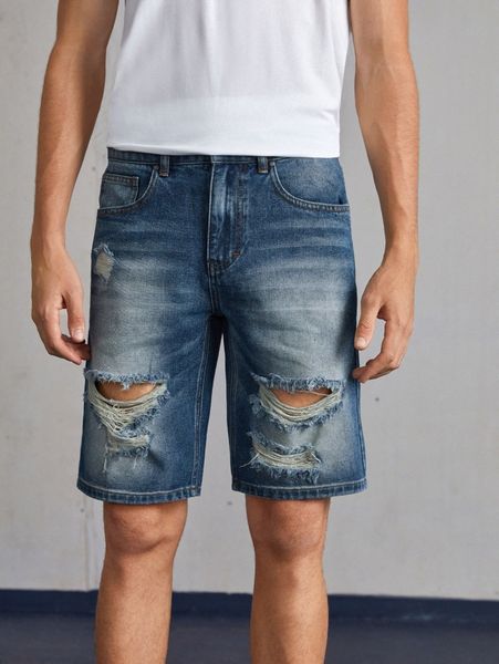 

men ripped raw wash denim shorts q5yu#, Blue