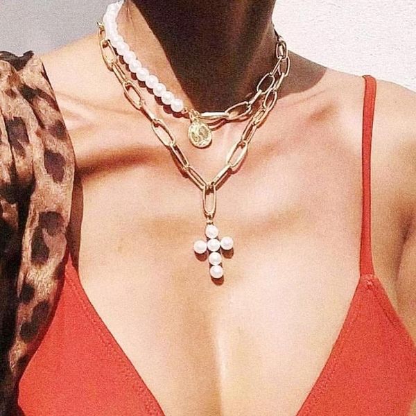 

luxury design imitation pearls choker necklace female cross pendant necklaces for women fashion coin jewelry, Golden;silver