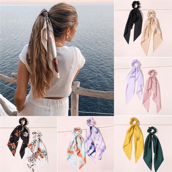 

silk tie-dye long ribbon hair tie girls large intestine hair tie printed bow ribbon pony tails holder headbands, Golden;silver