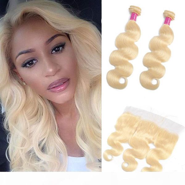 

peruvian human hair 2 bundles wih 13x4 lace frontal body wave blonde hair products 10-30inch 613# color body wave wefts with closure, Black;brown