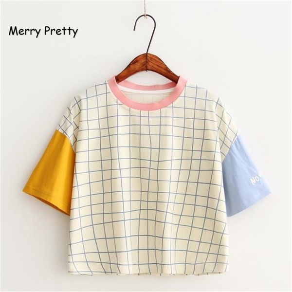 

merry pretty new summer women letter embroidery plaid t shirt fashion patchwork design t shirts short sleeve casual cotton t200512, White